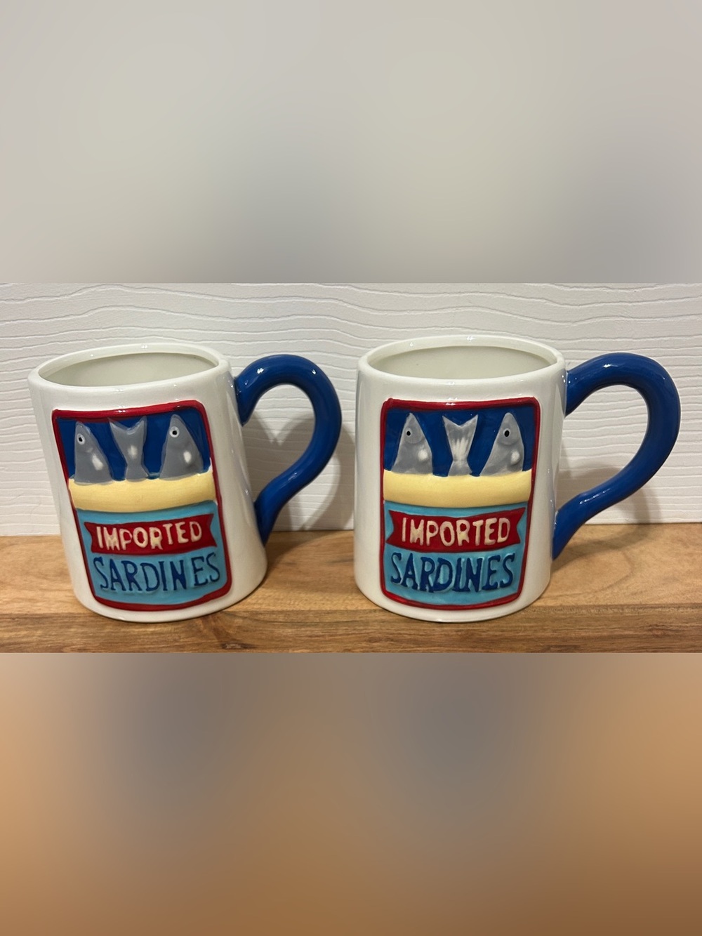 Set of 2 Ceramic Coffee Mugs Imported Sardines Coastal Fish Novelty 18 oz. NEW